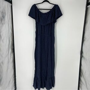NEW New York & Company Maxi Dress Size L Blue Off The Shoulder Ruffle Trim